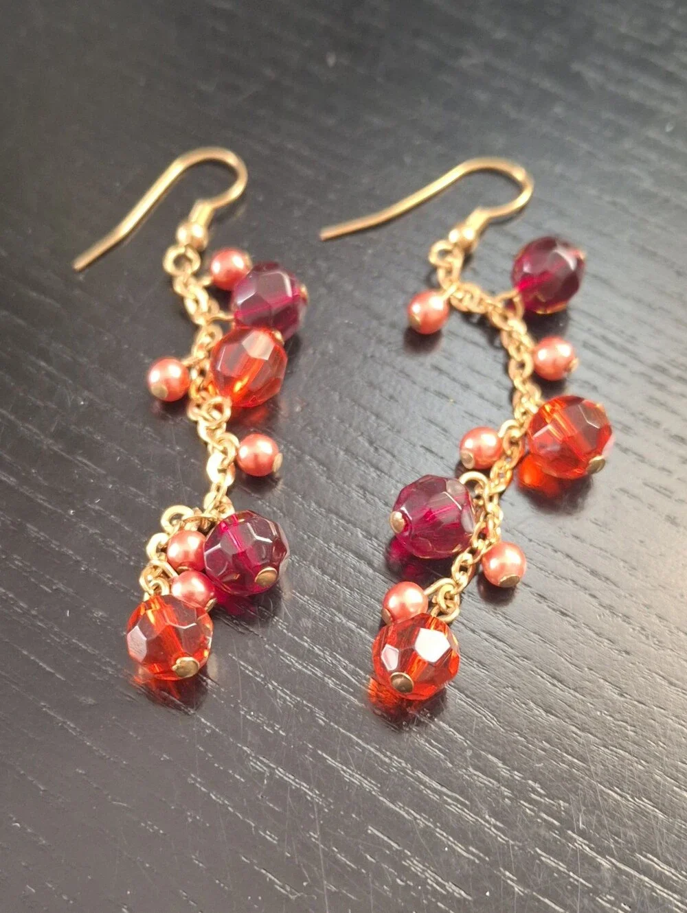 Gold-Tone Red & Pink Bead Dangle Earrings